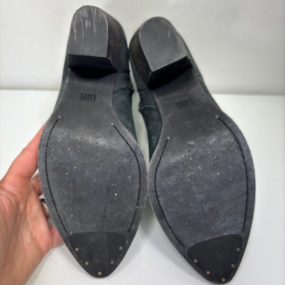 Frye Black Nubuck Leather Stacked Heel Reed Western Booties Size 8.5 - Picture 10 of 11